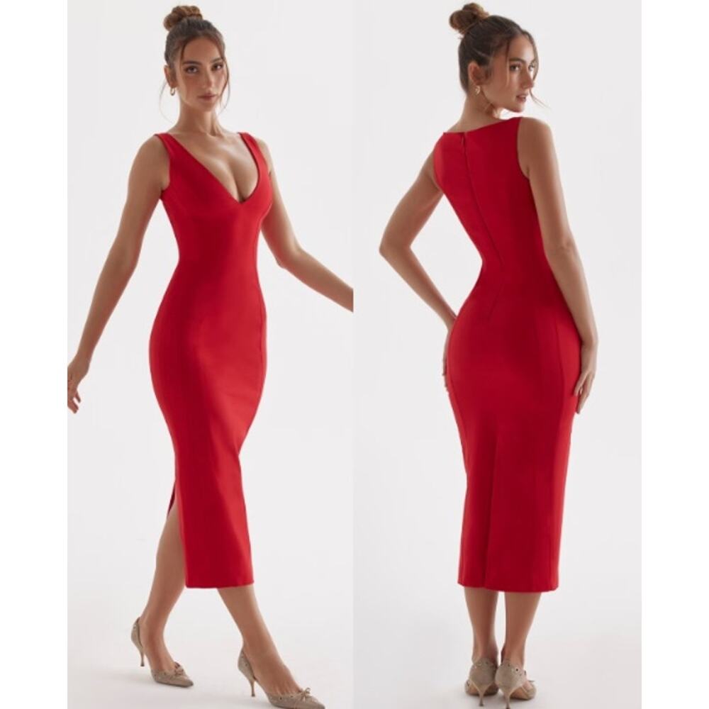 NEW House of CB Plunge Maxi Dress Bengaline Lined Romantic Chic Red Rose Size XS